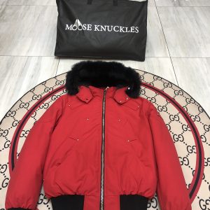 Moose Knuckles Men Short Down Jacket with Fur Collar Red